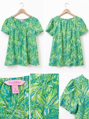 Lilly Pulitzer Green Blue Floral Print Tunic Top Size Medium